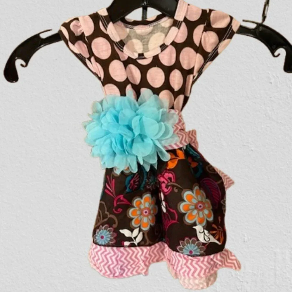Pink & Brown Floral Polka Dot Ruffle Pant 3 pc Set  7373  12 months NWT Boutique